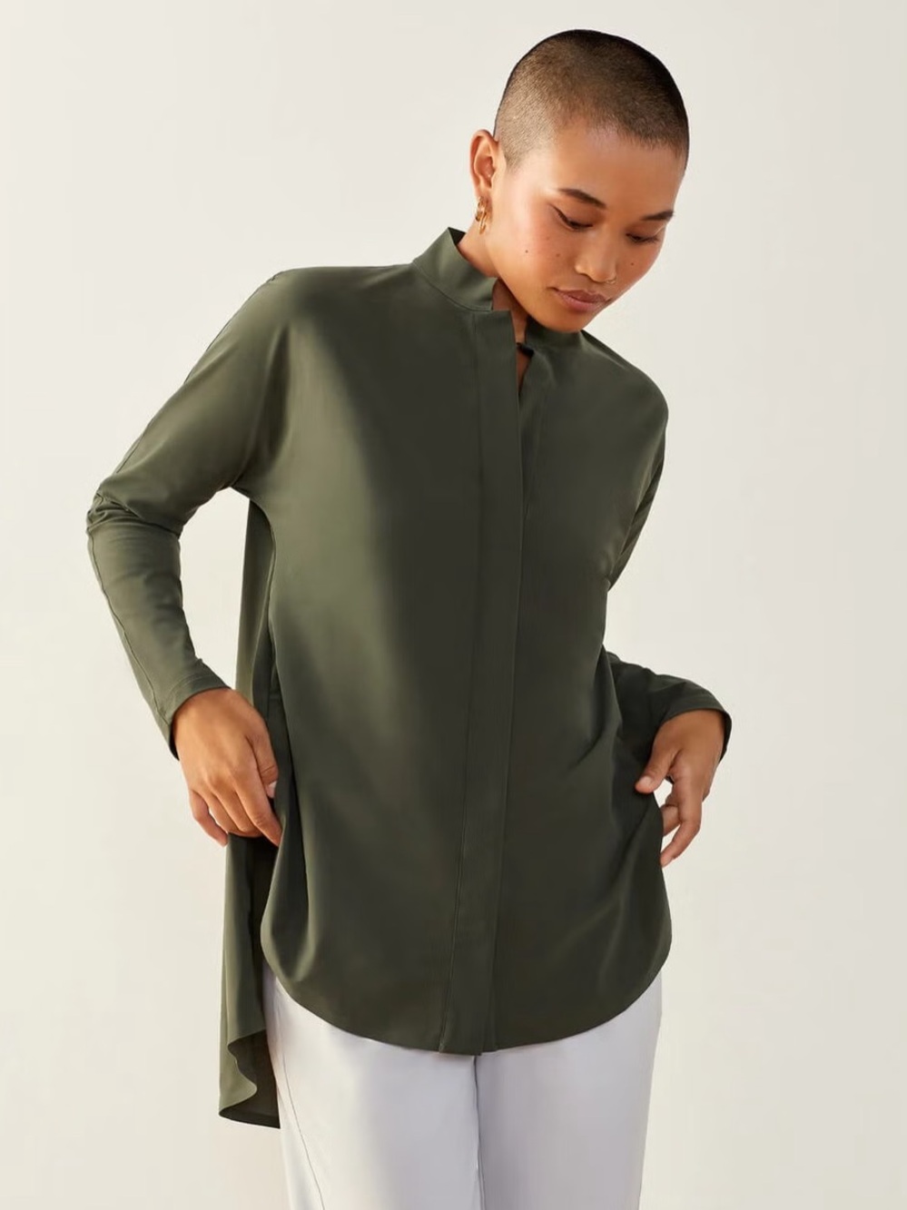 ADAY Something Borrowed Button Down Tunic Top in Olive Moss Green size Large